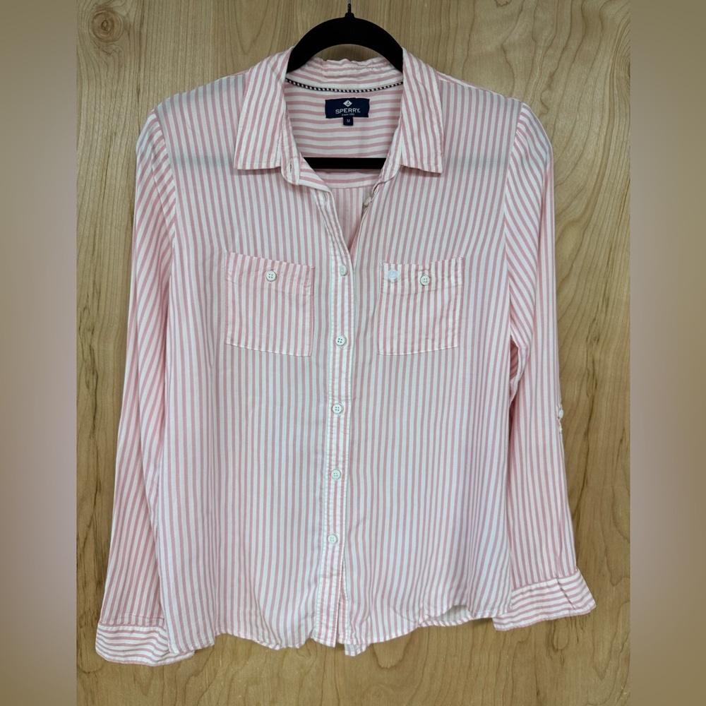 Sperry Light Pink White Stripes Roll Tab Sleeve Button Up Pockets Size Medium